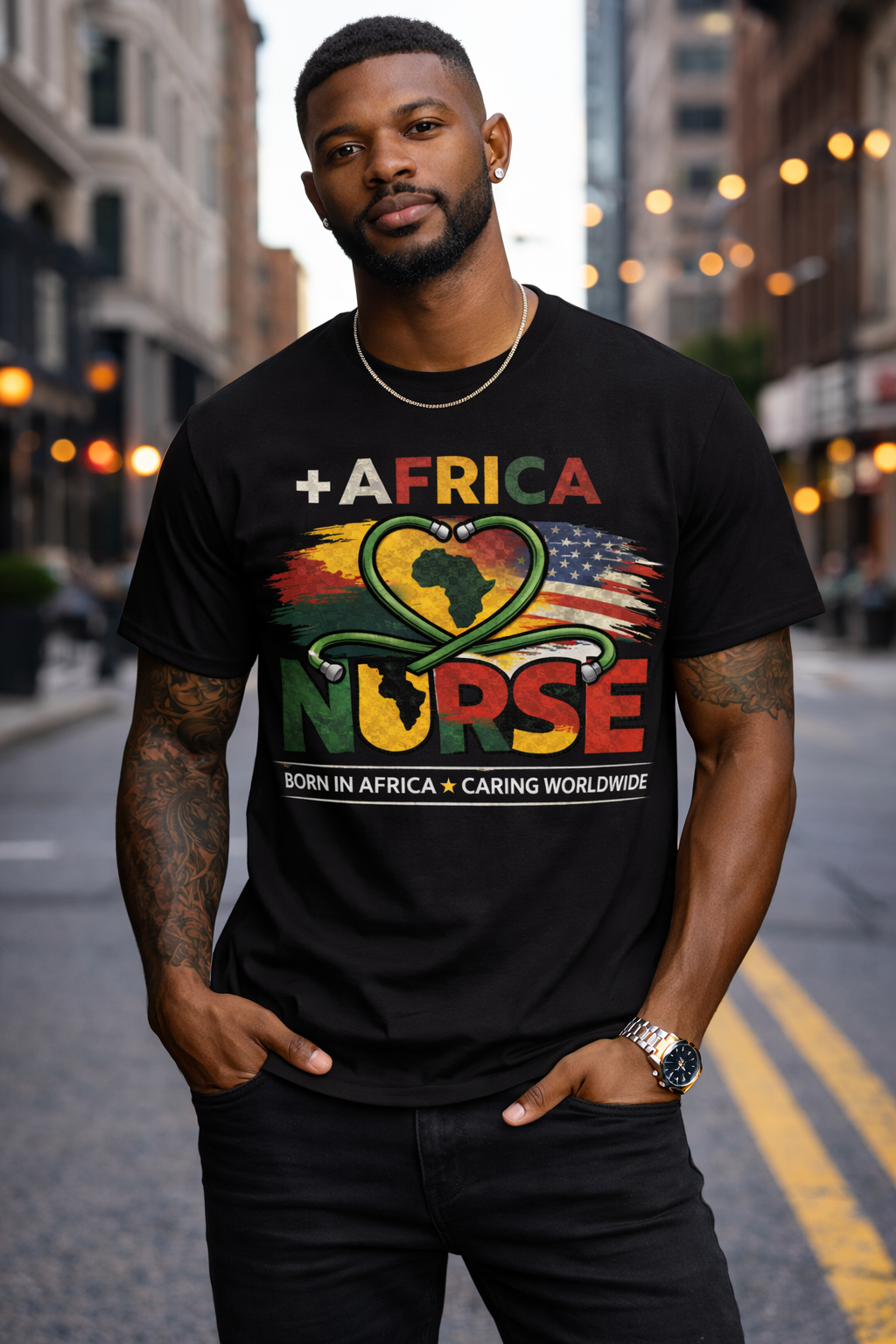 Africa Nurse – Born in Africa, Caring Worldwide T-Shirt